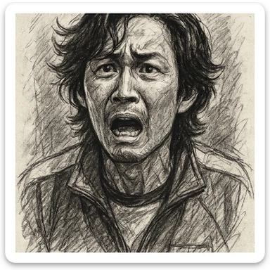 Squid Game Season 2 character, individual portrait, black and white, no color, pencil sketch style, dramatic expression sticker
