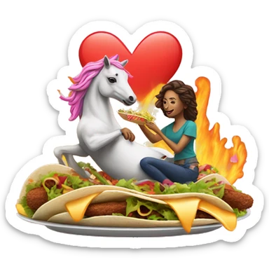 two women eating tacos, riding a unicorn surrounded, a neon heart that’s on fire sticker