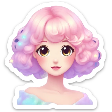 Gorgeous pastel anime style lady blushing nebula-gradient-sparkle face dreamy idol model colorful shiny stars galaxy kawaii cottagecore pearly petite simplistic aesthetic trending style sticker
