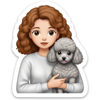 A girl with caramel brown hair holding a grey poodle sticker