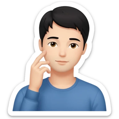 handsome guy with black hair, flushed and dreamy, gentle blush, relaxed posture, hand to cheek, romantic hints to boyfriend sticker