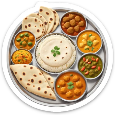 Indian food thali with curry, naan bread, and rice sticker