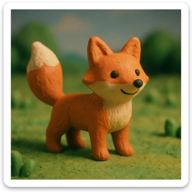 fox with a bushy tail, standing alert, cheerful and cute, in a grassy meadow, claymation style sticker