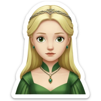 Elizabeth Woodville is the queen of York and looks like a blonde Rebecca Ferguson. She is wearing a green dress and looks like a Game of Thrones Character sticker