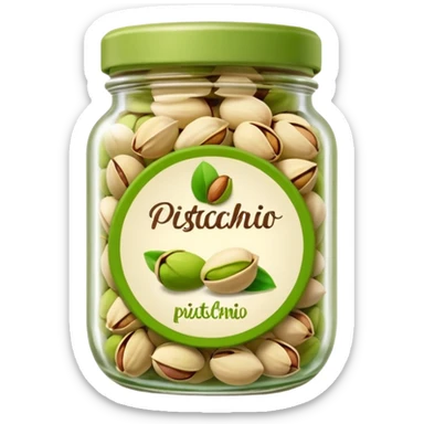 Pistachio spread in a jar with a printed label of a pistachio emoji sticker