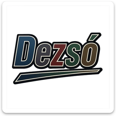 Dezső name in masculine, modern gradient font with dark contour, thin and clearly visible white border around letters, dynamic slanted underline, masculine color shades (blue, gray, burgundy, green, brown), 1000x1000 px, PNG, transparent background, in the style of the uploaded Attila sample. sticker