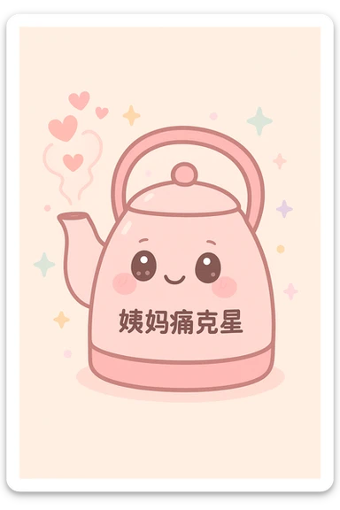 cute pink kettle with '姨妈痛克星' written, steam and little hearts coming out, surrounded by soft glow, expressing warmth and VIP care for period pain relief sticker