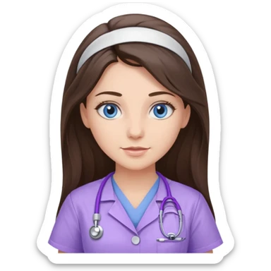 pretty brunette nurse with long hair and blue eyes in lilac scrubs sticker