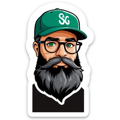 A bold man with a grey baseball cap, green eyes, big beard and glasses sending kiss sticker