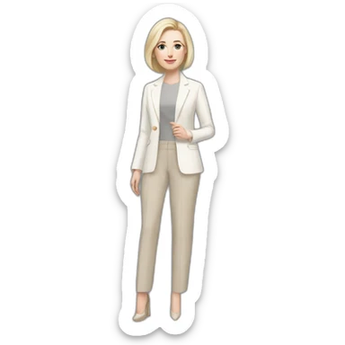 Full height pale skin woman with ash blonde Straightened bob Hair, White Spacious classical jacket, beige Arrow pants and gray blouse holding a color palette in the hands sticker