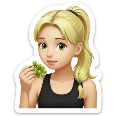 A blonde girl with a ponytail and a black tank top eating green grapes sticker