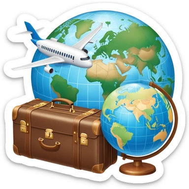 An icon featuring a suitcase, a hotel building, and one globe, symbolizing tourism and hospitality. The design includes a plane and a map, representing travel and accommodation services. Transparent background highlights the global nature of tourism and the hospitality industry. sticker
