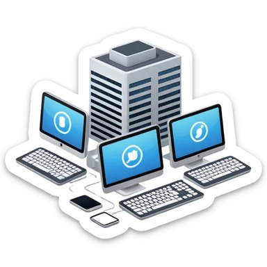 building with various computers and devices attached sticker