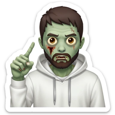 zombie pointing finger wearing plain white hoodie with no designs, dark brown hair and short full beard sticker