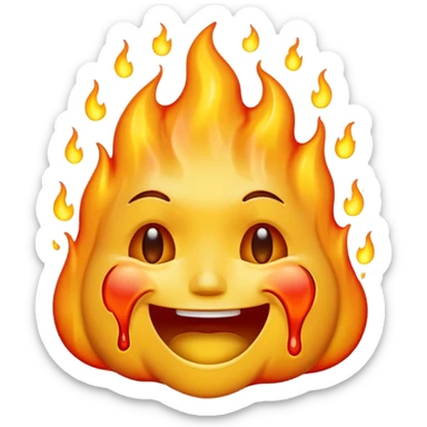 A high-resolution, surreal emoji face with a transparent background. The emoji is simultaneously grinning, crying, and melting while on fire.  sticker