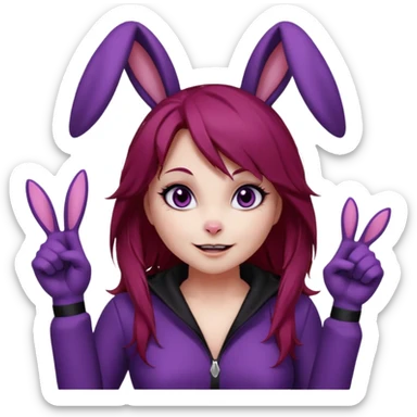 Bunny girl, with dark red crimson hair color, and black bunny ears. Deep purple eyes. Wears a classic bunny suit. List of expressions:
Disappointed expression
Thumbs up with a happy face
Happy face with sparkly eyes
Surprised face like " O_O "
silly and cute dead on the ground with X's on eyes. sticker