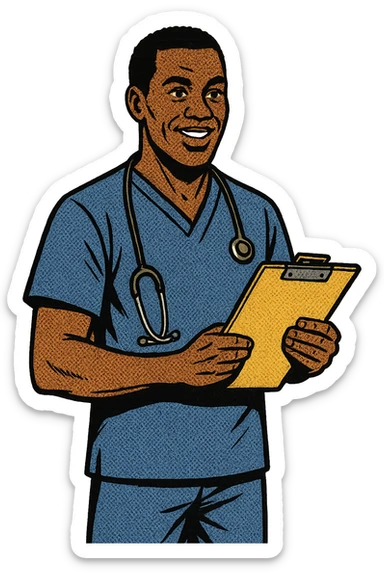 A full body image of a caring black male nurse with a stethoscope holding a note pad sticker