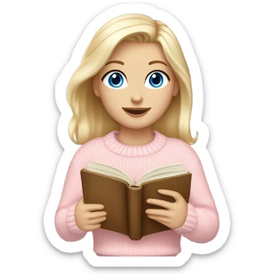 Pretty blue eyed white girl with light pink sweater reading cozy sticker
