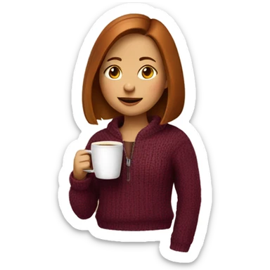 girl with chestnut bob in wine-colored sweater with zipper drinks coffee sticker