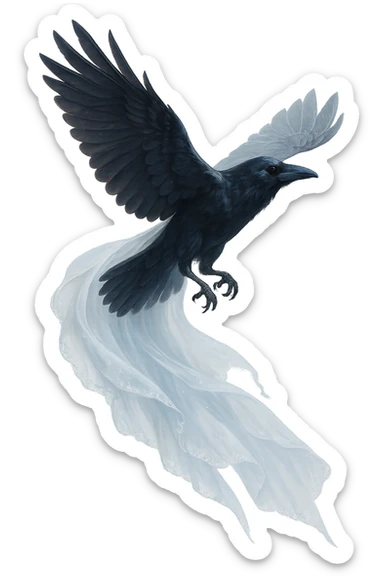 a soaring raven with a sheer white wedding veil trailing behind, magical, no background sticker