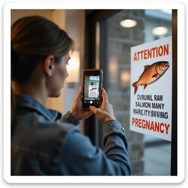 realistic pregnant woman in 4K taking a photo with a cellphone of a sign that says: 'Attention, consuming raw salmon may pose risks during pregnancy' sticker