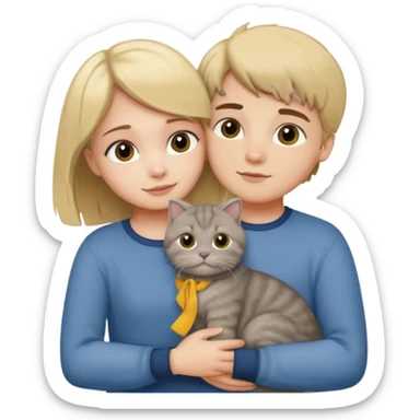 Blonde girl and brunette boy hugging a grey scottish fold cat sticker