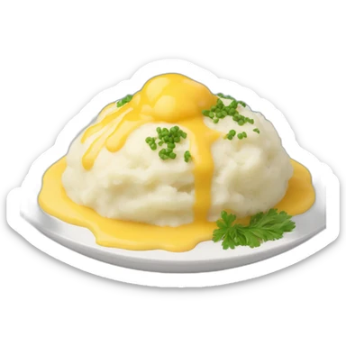 plate of mashed potatoes. side view. it is topped with blue and yellow sauce  sticker