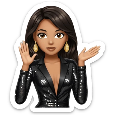 Monica Arnold, R&B Singer with long dark brown hair, black sequin outfit, tan skin sticker