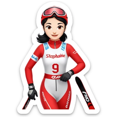 Ski racer woman red white dress with the name STEPHANIE on the dress black hair smile sticker
