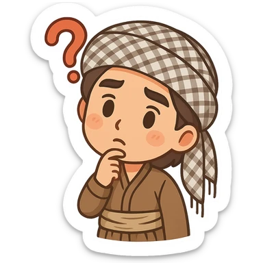 Kurdish man or woman in jamadani, cartoon style, big question mark above head, curious or puzzled expression, no text sticker