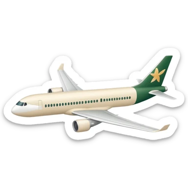 long passenger airplane, fully light beige (milky) color, only dark green (#173e12) inserts, no other colors, Apple emoji style, simple shapes, no text sticker