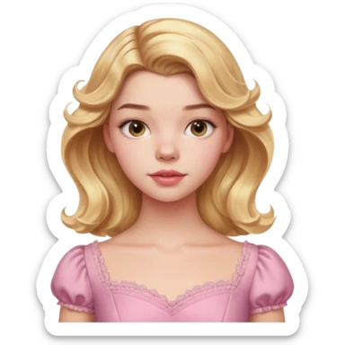 Cinematic Realistic Anya Taylor Joy Portrait, depicted with lifelike skin texture, subtle rosy undertones, and soft natural lighting that enhances the sweet blush contours of her face. Her intricately detailed golden blonde hair is elegantly wavy, and pink dress corquette sticker
