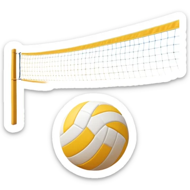 A volleyball resting on the yellow sand on a beach, with the net in the background and a scenic view of the ocean and sky. The scene captures the relaxed yet competitive vibe of beach volleyball, with warm sunlight and the natural beauty of the beach. sticker
