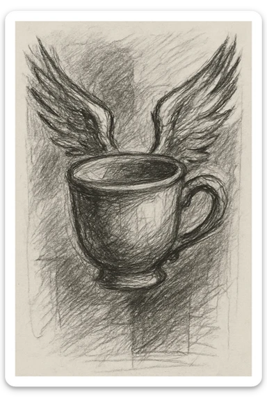 a cup with wings, pencil sketch style, with shading, on sketchbook paper sticker
