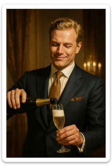 An opulent, healthy, smart white man with golden hair, dressed in an expensive suit, pouring champagne with a proud smile. sticker
