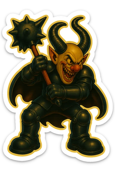 A menacing armored clown with ram horns, holding a mace with an oversized spiked head, wearing a short cape and glossy black on matte black armor, with large but not comically oversized black clown shoes, full body, vibrant retro stickers style, transparent background. sticker