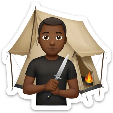 dark skinned black man standing in front of tent wearing a black t shirt holding a knife sticker