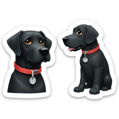 2 dogs, black labradors. one on the left smaller. The dog on left with a light blue collar. dog on right with red collar. sticker