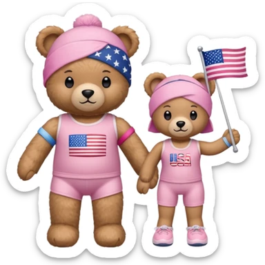 osito de peluche cafe claro con ropita rosa claro y estapado de la bandera de usa y otro con una liga de pilates en la cabeza y con ropa deportiva sticker