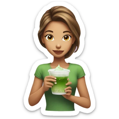 Beautiful girl with brawn hair holding cup of iced matcha  sticker