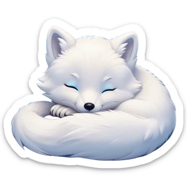 Meme-Worthy Cute Sleeping Arctic Fox Portrait Emoji, Head resting peacefully with a contented smile, showcasing a compact, agile build and a luxuriously soft white Fur with delicate icy blue accents, eyes shut in a serene, restful nap, Simplified yet hilariously adorable features, highly detailed, glowing with a soft, drowsy light, high shine, relaxed and utterly lovable, stylized with an air of playful laziness, bright and heartwarming, soft glowing outline, capturing the essence of a comically sleepy arctic fox, so meme-worthy it feels like it could instantly become the next viral sensation of adorable slumber! sticker
