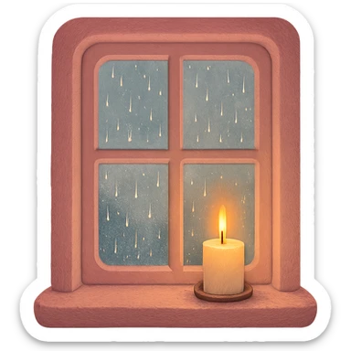 pink cozy window with rain outside and a candle on the sill, cozy mood sticker