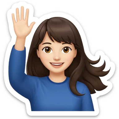 brunette woman with bangs and long hair waving, happy sticker