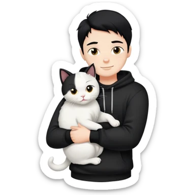 A bad boy with black hair wearing a sweatshirt happily hugs a white cat sticker