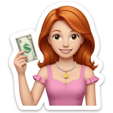 ginger hair Woman wearing pink dress holding dolar sticker