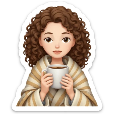 White girl with curly brunette hair wrapped in a cozy blanket sipping coffee with eyes closed peacefully sticker