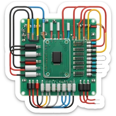 An icon featuring a circuit board, electrical wires, symbolizing electrical engineering. The design includes resistors, capacitors, and a power transformer, representing the study of electrical systems and innovation. Transparent background highlights modern electrical technology sticker