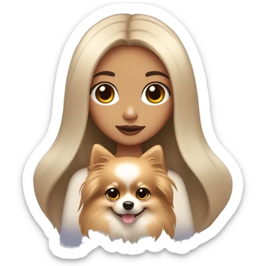 A girl with long black hair, light brown eyes, big lips, fair skin, holding a light pomeranian in her hands sticker