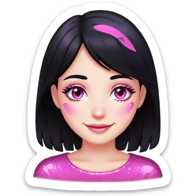 smiling girl with black hair, pink glitter tears, no heart eyes sticker