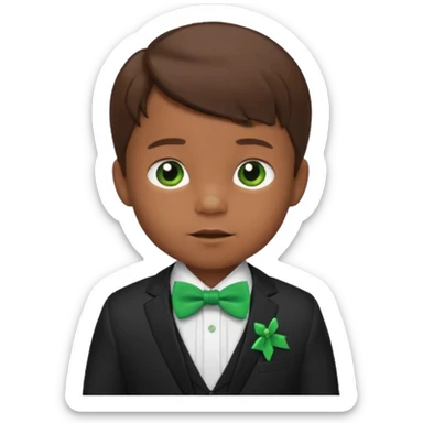 baby boy brown hair in suit, with green bow sticker